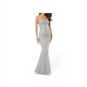 Mori Lee Silver Lace Mermaid Gown with Cap Straps